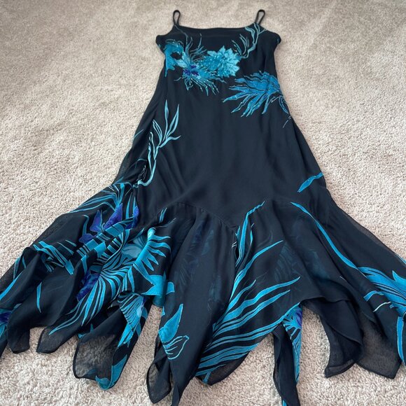 Eva Blue Dress Womens M Blue Floral Tropical Beaded Midi Y2K Whimsygoth Fairy - Picture 2 of 12